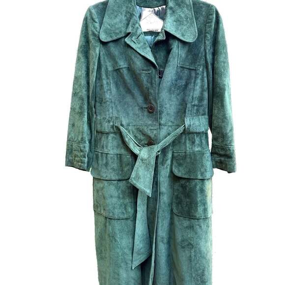 Danaya Jackets & Blazers - Vintage Green Suede Leather Belted Trench Coat